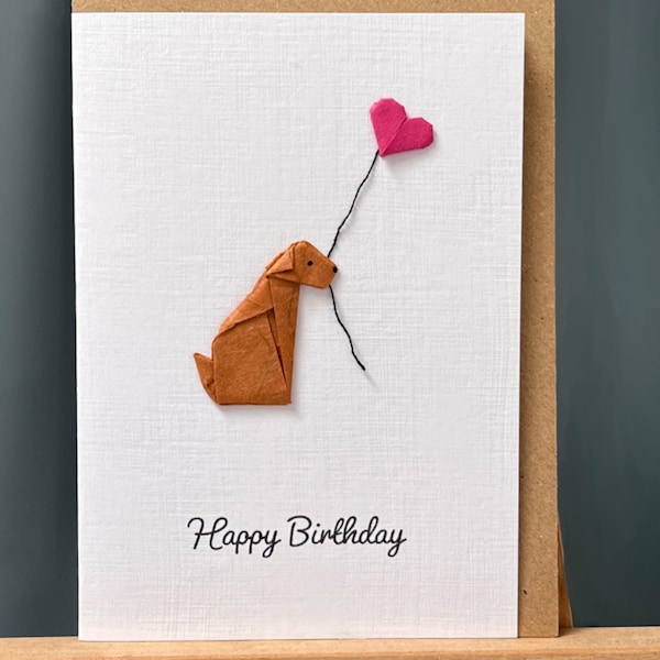 Handmade Birthday Card Origami sitting brown dog & pink heart balloon for dog lovers A6