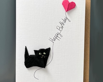 Handmade Birthday Card Origami black cat & pink heart balloon for cat lovers Kawaii A6