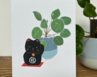 Japanese Greeting Card Cute black lucky Cat and Money plant Pilea peperomioides