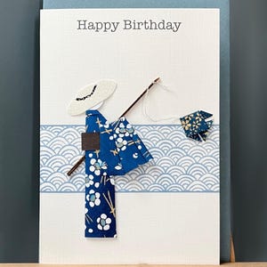 Carte d'anniversaire faite main origami traditionnel japonais homme pêcheur et origami poisson - pêche du jour papier Yuzen papier A6