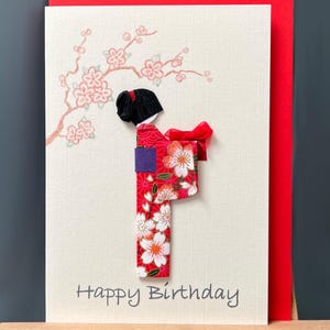 Handmade Birthday card origami Japanese kimono Geisha and gift Yuzen Washi red paper, Sakura blossom design for someone special A6