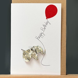 Handgemachte Geburtstagskarte A6 Origami Elefant Yuzen grau mit Ahornblatt Designpapier und Ballon rot glitzer für Tierliebhaber 3D
