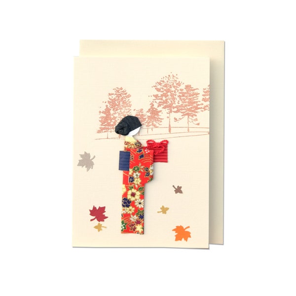 Tarjeta de felicitación de origami hecha a mano Geisha japonesa con árbol de Acer y hojas
