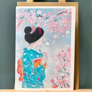 Carte de voeux style japonais Maiko kimono turquoise et fleurs