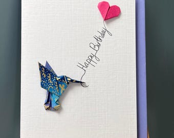 Happy Birthday Card handmade Origami Humming bird beautiful blue/purple Japanese chiyogami paper & origami cerise pink heart A6