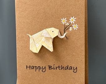 Handcrafted Birthday Card Origami Elephant yellow with a bouquet of flowers Japanese Chiyogami paper A6 sized card for someone special