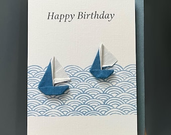 Handmade Birthday Day Card Origami sailing boats Japanese blue folk paper over seigaiha waves of the blue tranquil sea  sailing enthusiasts