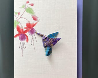 Handmade Greeting card Origami Humming bird vibrant deep blue purple & fuchsia Japanese Yuzen paper Blank  or Customisable greeting, message