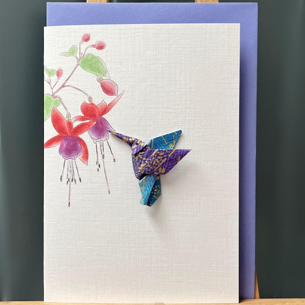 Handmade Greeting card Origami Humming bird vibrant deep blue purple & fuchsia Japanese Yuzen paper Blank  or Customisable greeting, message