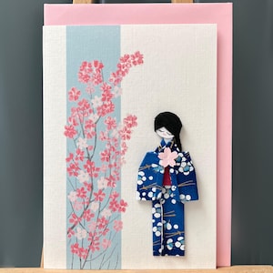 Handmade card origami Japanese kimono Geisha & Sakura Yuzen Washi paper blue plum blossom for Birthdays, Anniversary and special occasions
