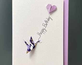 Birthday Card Origami Crane handmade, Japanese chiyogami paper, deep purple floral design & lilac heart balloon for someone special, A6 size
