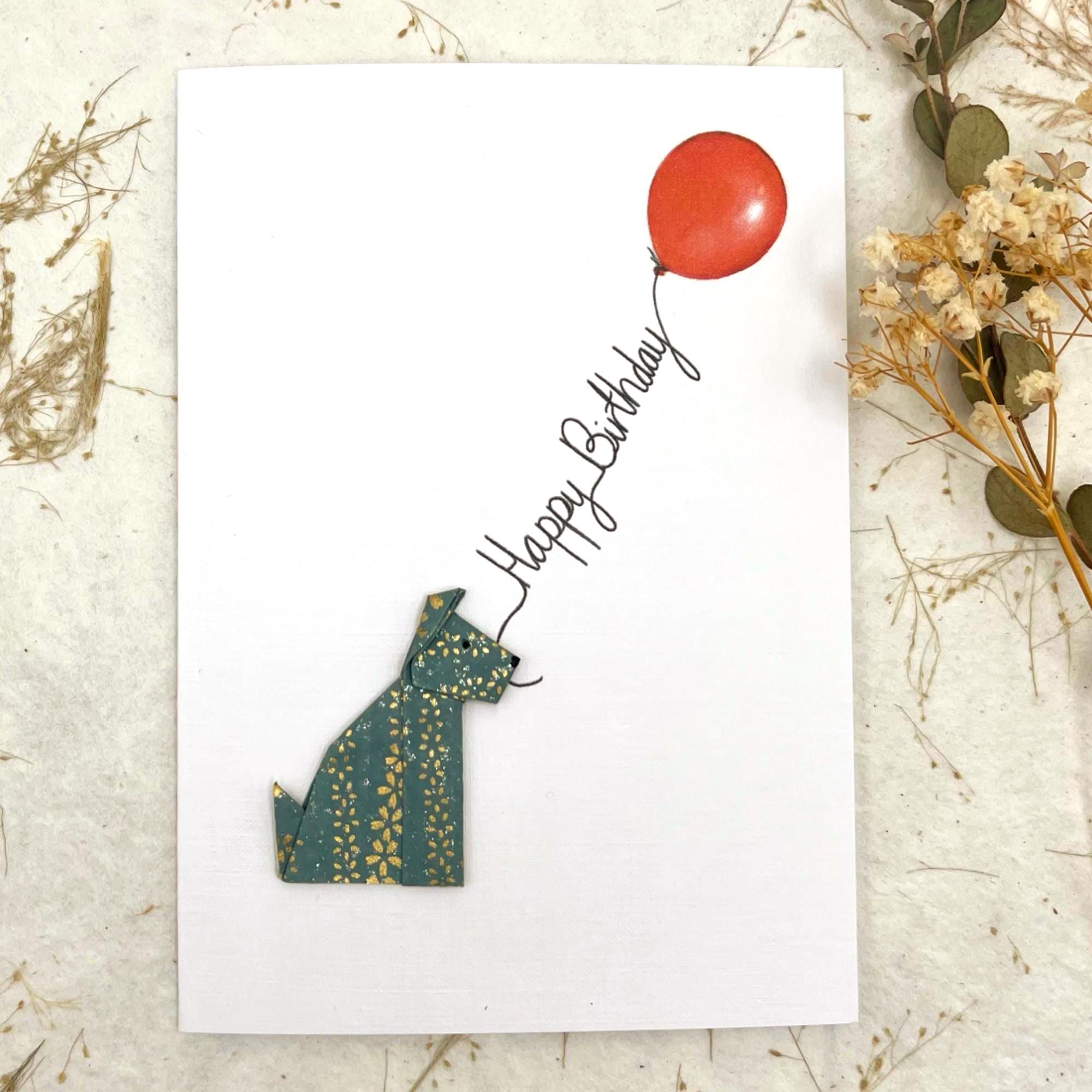 Handmade Birthday Day Card Origami Sitting Dog Grey Gold Flowers Red ...
