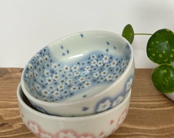 Japanese River of Flowers bowls blue and pink