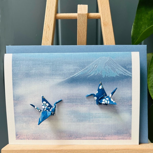 Handmade Greetings card two origami cranes with Mount Fuji Twilight mist