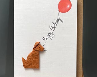 Handmade Birthday Card Origami sitting brown dog & balloon, Mulberry paper for dog lovers A6
