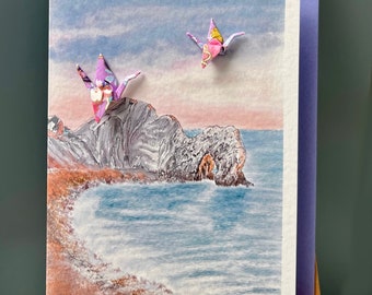 Handmade Greetings Card: Two Origami Cranes Over Durdle Door at Sunset