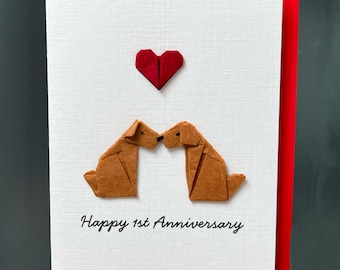 Handmade First Anniversary Card Origami sitting brown dogs red heart for dog lovers A6