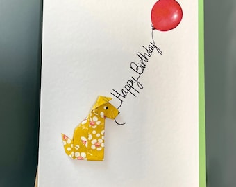 Handmade Greetings Card Origami sitting dog yellow, white flowers and red balloon 'Happy Birthday'