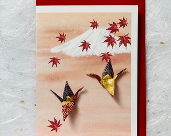 Handmade Greetings card two origami cranes , Mount Fuji and Acer leaves at Sunset