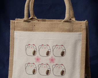 Cute  Mini Jute Bag with pocket 26X22cm – lucky cats or fan design