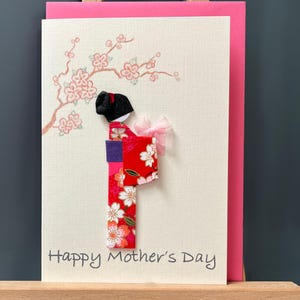 Handgemachte Muttertag Karte Origami Japan Kimono Geisha & Geschenk Yuzen hübsch in rosa Sakura Papier, Frühling Kirschblüten Design A6
