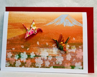 Handmade Greetings card two orange origami cranes , Mount Fuji sunset and Sakura blossoms