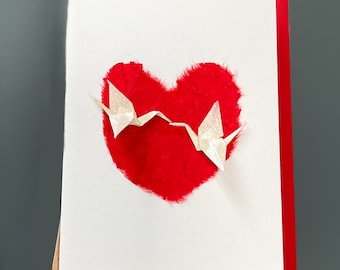 Greetings card Handmade origami cranes with Japanese mulberry paper heart red