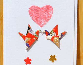 Handmade card Summer Love & Origami Cranes with Japanese yuzen washi paper