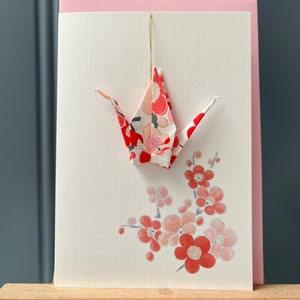 Carte de voeux faite main Origami japonais grue suspendue ornement fleur rose