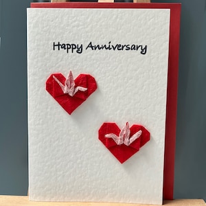 Grußkarte handgemacht zwei Origami Liebe Kraniche in rot Herzen Happy Wedding