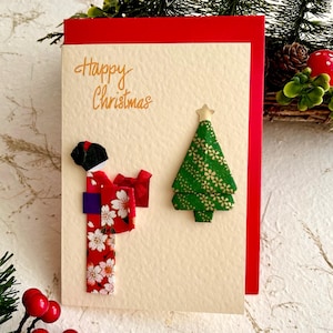 Carte de Noël Sapin de Noël en origami fait main et geisha japonaise et cadeau, papier Chiyogami Yuzen, carte unique pour quelqu'un de spécial