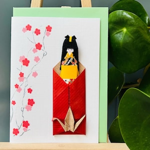Marque-page fait main en origami de geisha japonaise - jaune avec carte de voeux