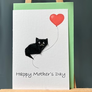 Handmade Happy Mother's Day Card Origami black cat and red heart balloon Mulberry Paper for cat lovers A6