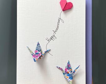 Handmade Happy Anniversary Card 2 origami  cranes & cerise Heart Balloon Japanese Yuzen Paper purple Design Romantic for someone special