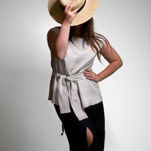 White sleeveless linen top for summer – lightweight, minimalist and cute, capsule women shirt perfect as a gift