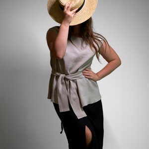 Elegant linen blouse in light grey for summer, lightweight capsule women shirt perfect as a casual loose top or fancy clothing