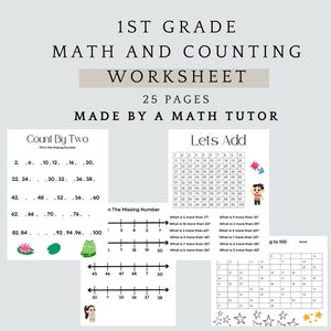 May include: A black and white worksheet with the title "1st Grade Math and Counting Worksheet" and the text "Count By Two" and "Let's Add". The worksheet includes number sequences and addition problems.
