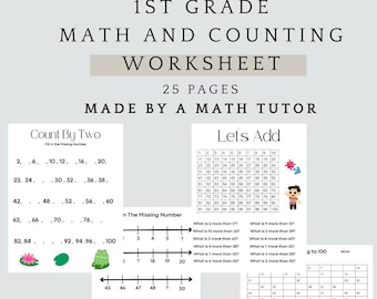 Könnte beinhalten: Ein Arbeitsblatt für Mathematik und Zählen der 1. Klasse mit dem Titel "1ST GRADE MATH AND COUNTING WORKSHEET". Das Arbeitsblatt enthält Aufgaben zum Zählen in Zweierschritten, Addition und Zahlenstrahlübungen. Der Text "25 PAGES MADE BY A MATH TUTOR" ist ebenfalls sichtbar.