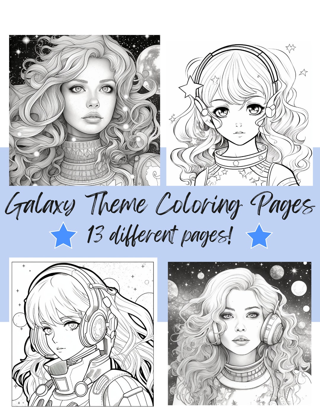 Detailed Anime Coloring Pages, Galaxy Themed Fantasy Designs, Adults or