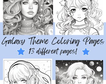 May include: Four black and white coloring pages featuring a woman with long hair wearing headphones and a space suit. The text "Galaxy Theme Coloring Pages 13 different pages!" is at the top of the image.