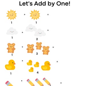 Op de afbeelding: Een werkblad met kleurrijke illustraties van een zon, wolken, teddyberen, rubberen eendjes en potloden. Het werkblad heeft de titel "Let's Add by One!" en bevat eenvoudige optelsommen met de getallen 1 tot en met 5.