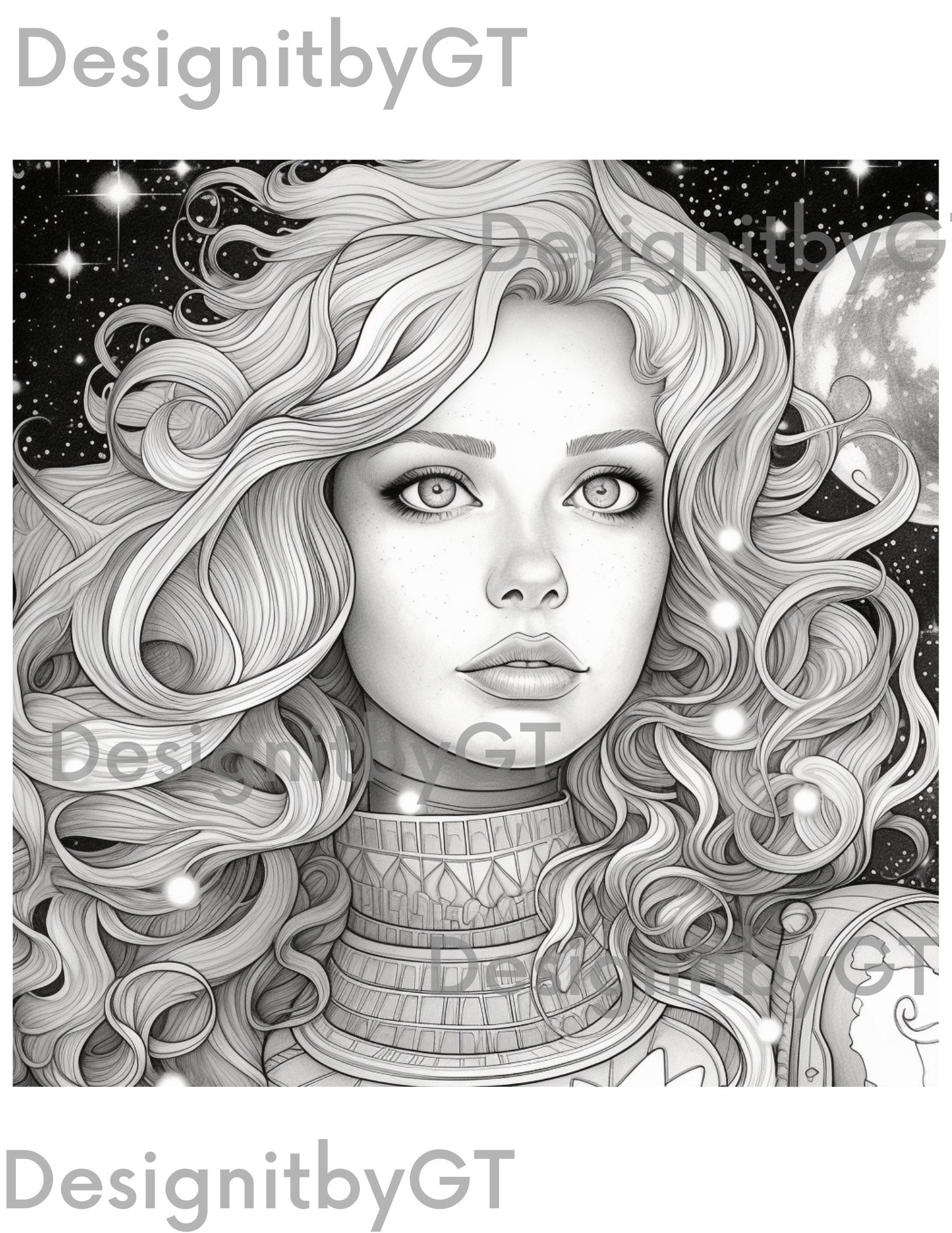 Detailed Anime Coloring Pages, Galaxy Themed Fantasy Designs, Adults or