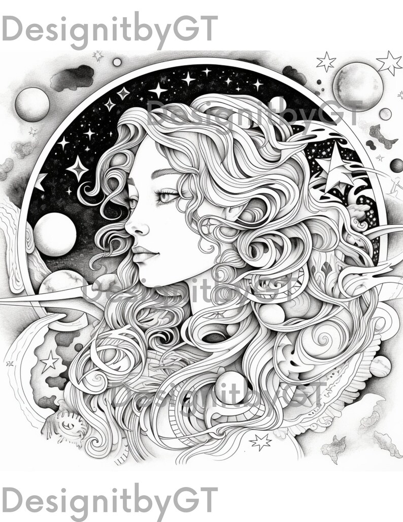Detailed Anime Coloring Pages, Galaxy Themed Fantasy Designs, Adults or