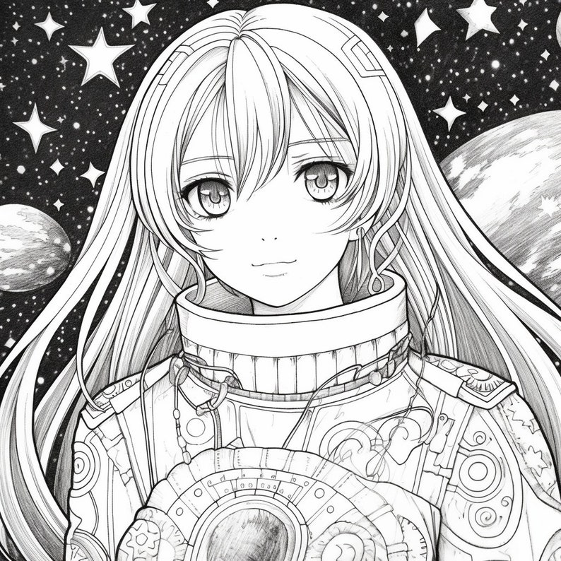 Detailed Anime Coloring Pages, Galaxy Themed Fantasy Designs, Adults or