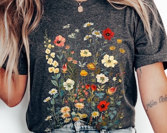 Tshirt vintage fleurs sauvages, esthétique cottage, chemise bohème, t-shirt fleurs sauvages pressées, cadeau pour jardinier, cadeau fête des mères, chemise Fairycore