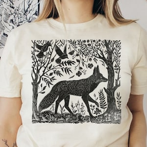 Folklore Forest Fox Lino Print Shirt, Vintage Forestcore TShirt, Folk Art Linocut Fox T-Shirt, Cottagecore Aesthetic Tee