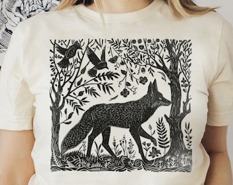 T-shirt con volpe incisa su linoleum, maglietta con animali in stile folk art Forestcore.