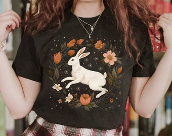 Vintage Floral White Rabbit Cottagecore TShirt, Celestial Hare Wildflower Shirt, Forestcore Tee, Forest Animal Bunny T-Shirt Gift For Her