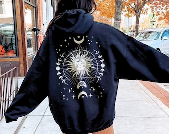 Celestial Boho Sun Moon Phase Hoodie, Back Print Whimsigoth