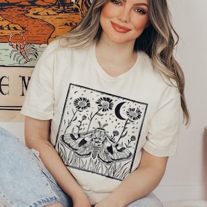 Vintage Moth Graphic T-Shirt: Linocut Butterfly, Cottagecore Tee